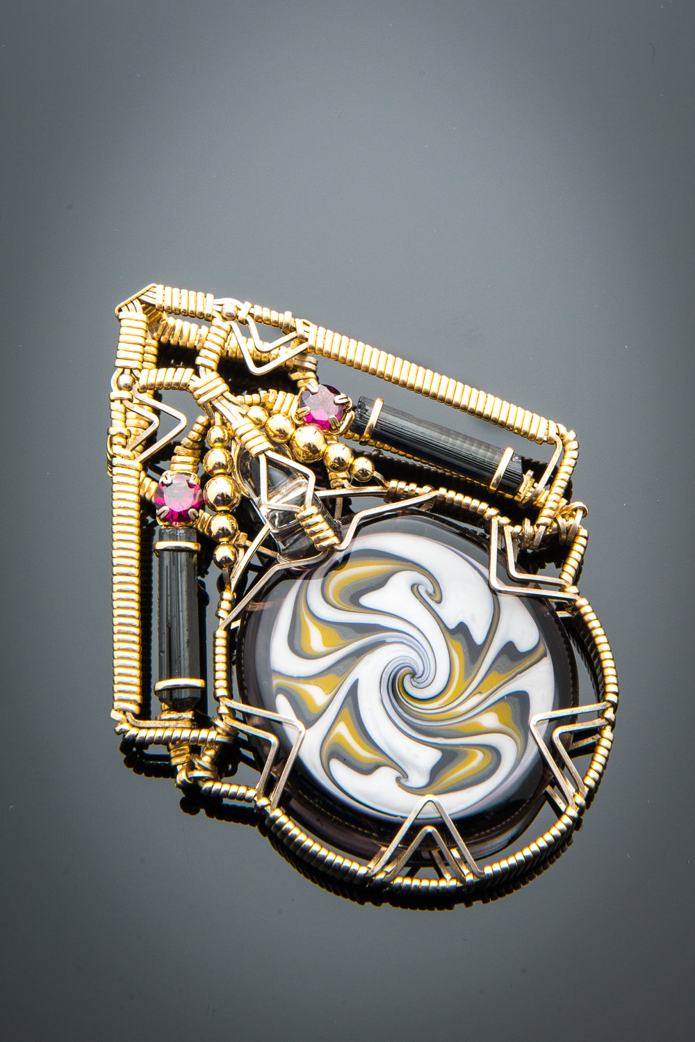 Wrapped Reversal Pendant with Indicolites & Rhodolite Garnet Faceted Stones Collaboration by AJ Roberts and Tim Mayer (Wire Fire Wraps)